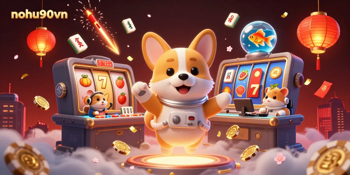 Immerse in the nohu90vn online casino world with an astronaut corgi amidst vibrant 3D gambling elements.
