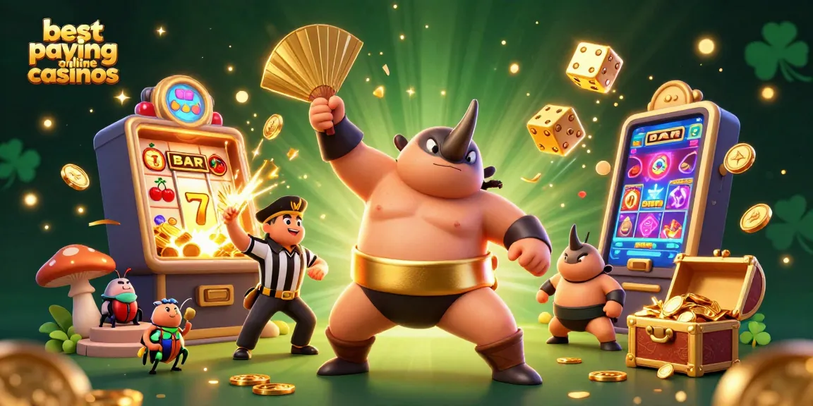 The best paying online casinos illustrated with a sumo beetle champion winning coins in an exciting casino scene.