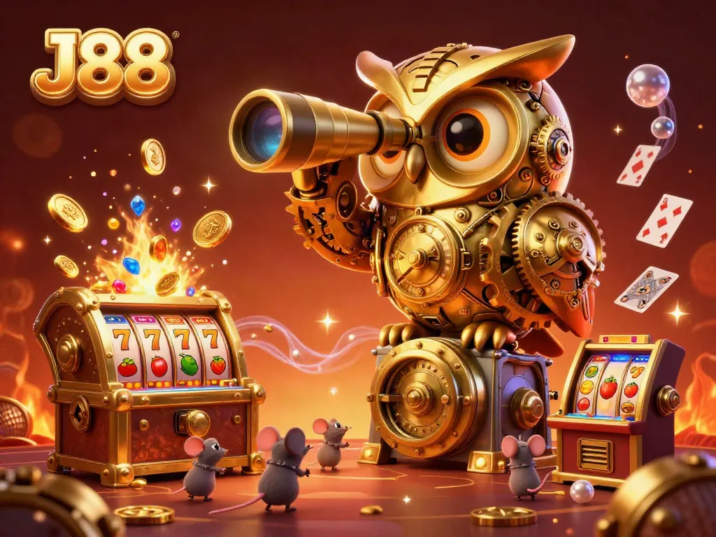 Engaging J88 casino scene with vibrant characters, slot machines, and festive decorations.