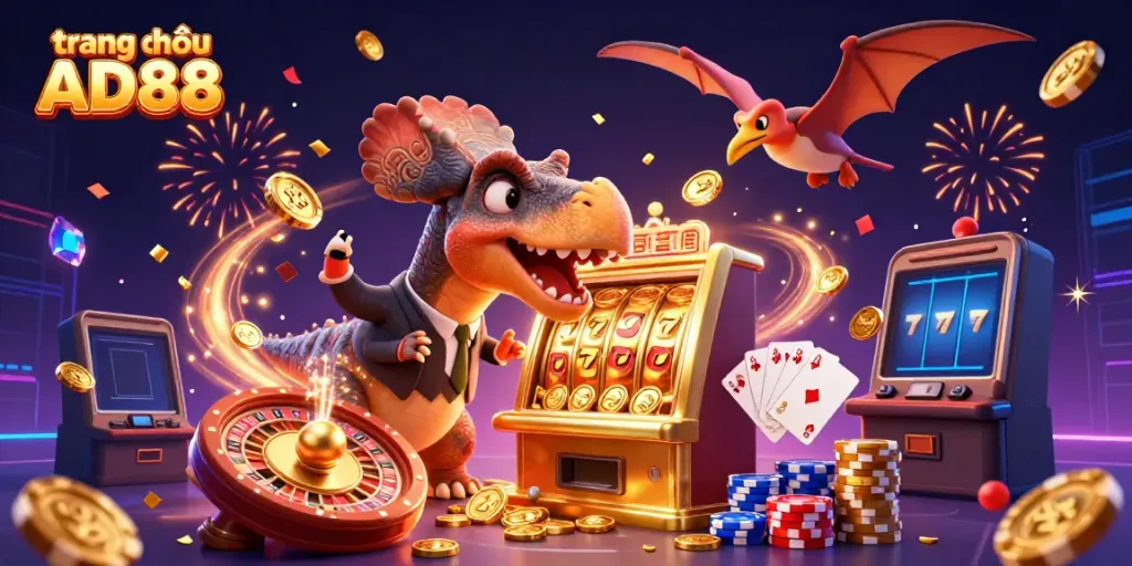 Experience the excitement of trang chủ AD88 with a dinosaur jackpot celebration scene.