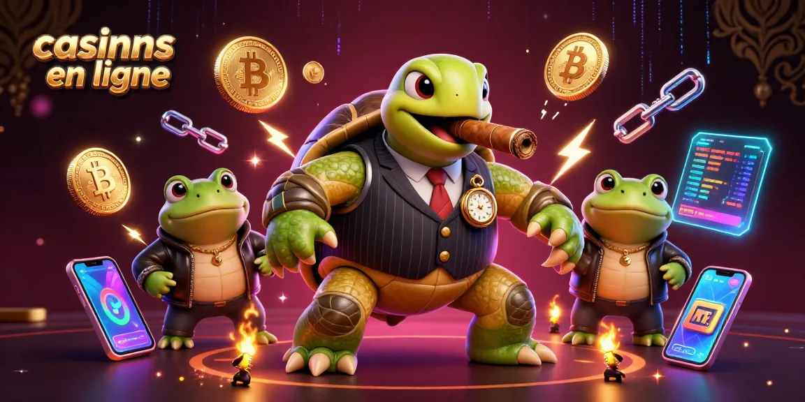Jouer dans des casinos en ligne alternant des tortues mobsters et des grenouilles, illuminés par des pièces de bitcoin.