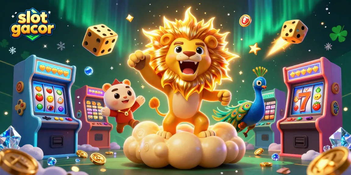 Gambar slot gacor dengan lion matahari 3D dan elemen kasino cerah, penuh warna dan hidup.