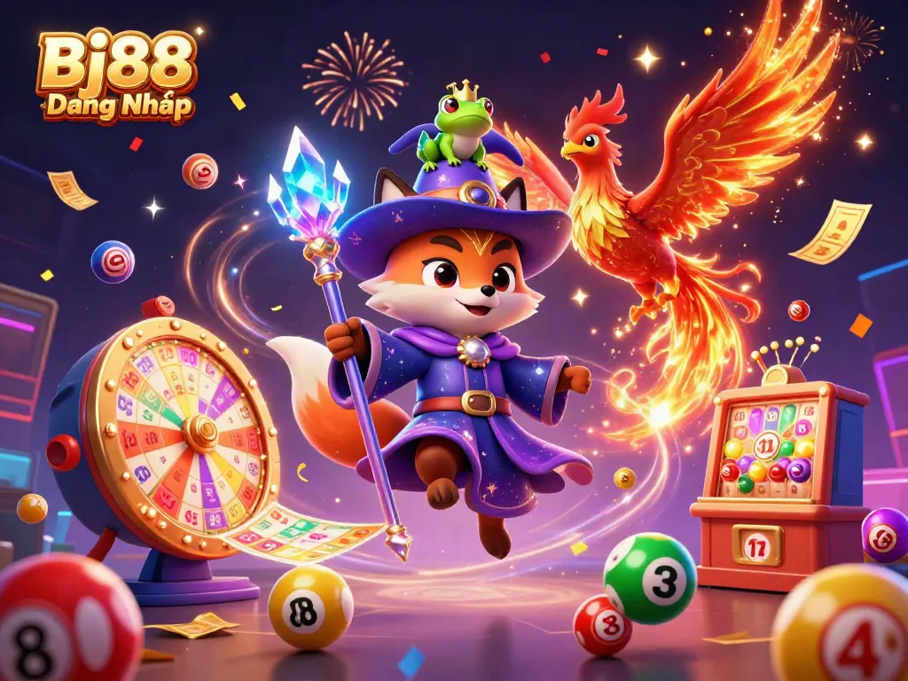 Engage in thrilling gameplay at Bj88 Đăng Nhập with colorful lottery elements and magical characters.
