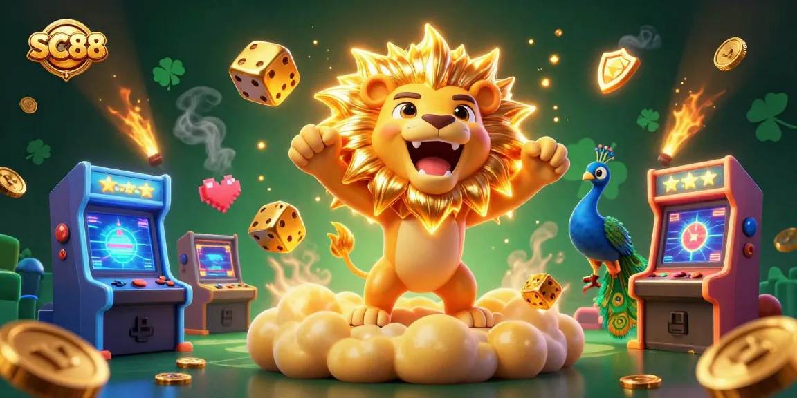 SC88 captivates with vibrant casino elements featuring the sun lion and golden dice in gaming action.