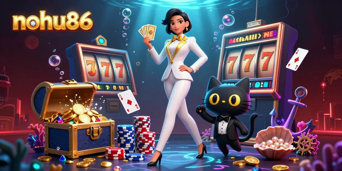 Nohu86 showcases vibrant casino action with a glamorous character and a playful cat in stunning detail.