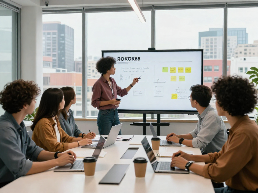 Collaborative ROKOK88 workspace showcasing diverse individuals brainstorming in a modern office.