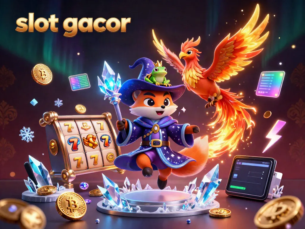 Gambarkan slot gacor dengan penyihir, phoenix, dan elemen mesin slot berkilau.
