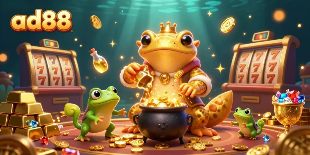 Experience winning moments with ad88 as a golden salamander alchemist creates gold coins in a lively casino scene.