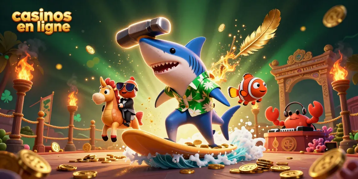 Découvrez les casinos en ligne avec un requin marale glamour sur un océan de pièces d'or, symboles d'aventure.