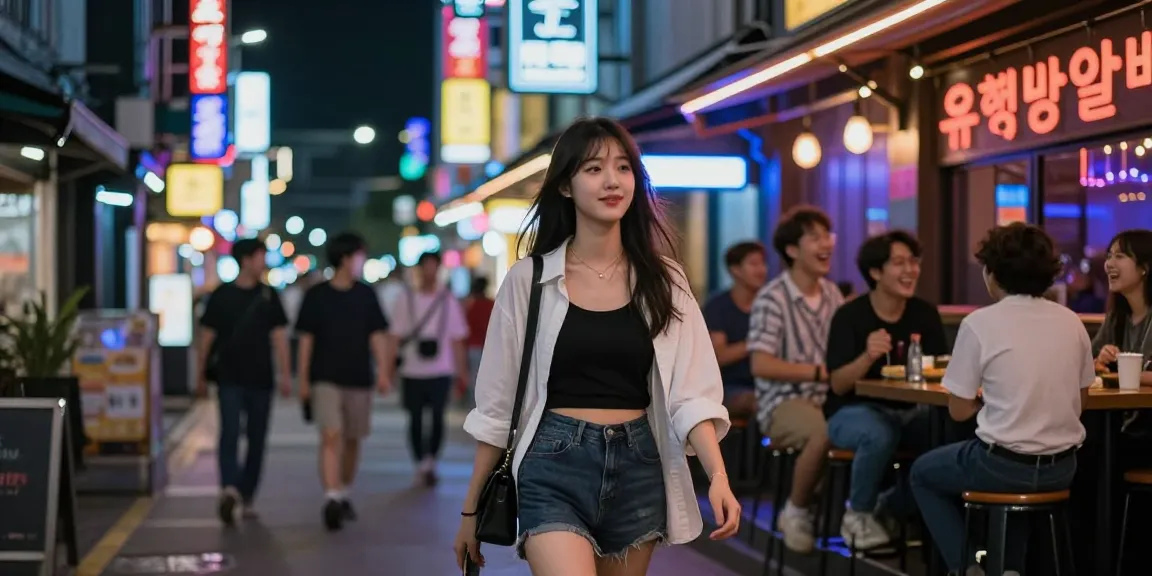 유흥밤알바의 밤거리에서 즐거운 시간을 보내는 젊은 여성의 모습