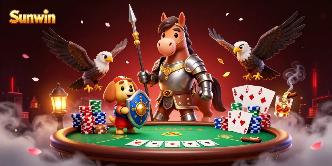 Experience thrilling gameplay with Sunwin, featuring poker elements and cartoon knight characters in a vibrant casino scene.