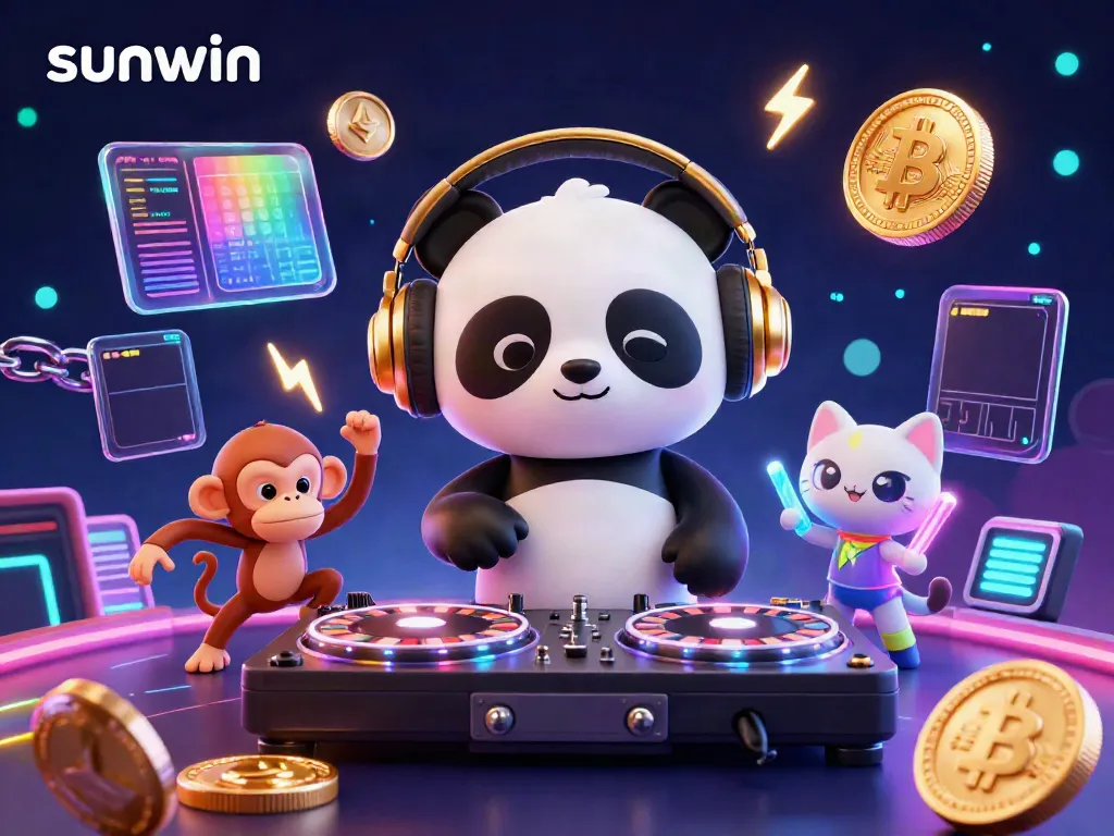 Experience the thrill of gaming with the sunwin brand, featuring a DJ panda and vibrant casino elements.