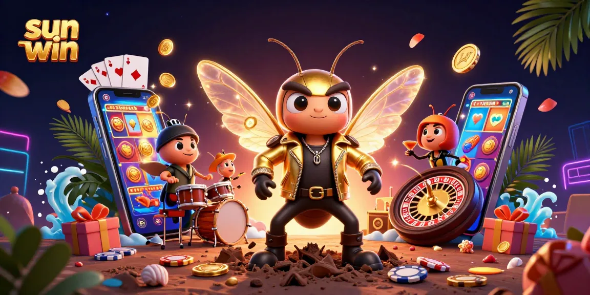 Experience thrilling wins at sun win with a lively 3D casino scene featuring animated characters and vibrant gaming elements.