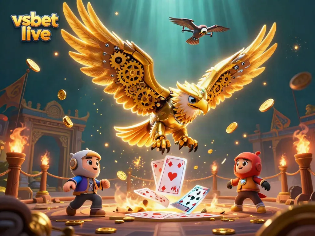 Join the excitement with vsbet live, featuring a cybernetic golden eagle in an energetic casino scene.