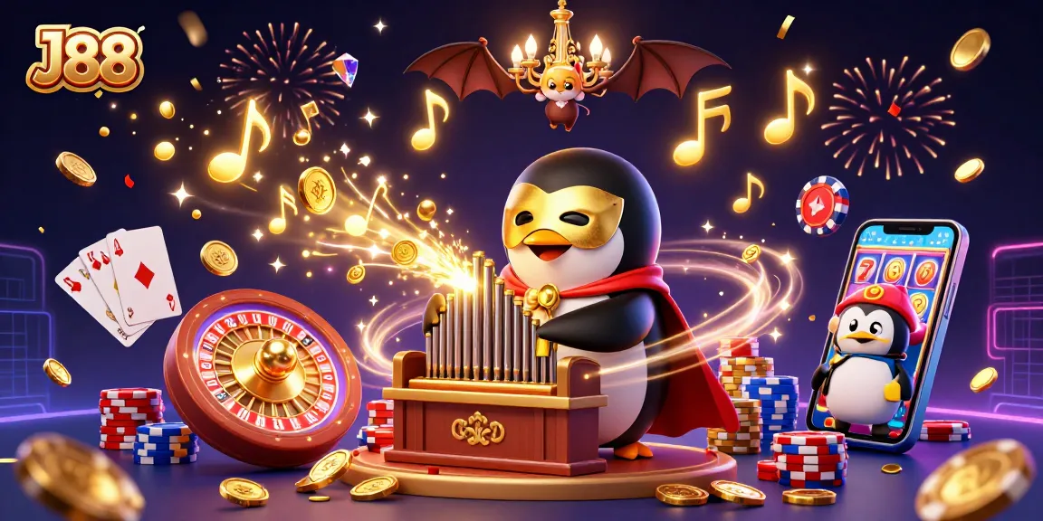 Experience thrilling moments with J88 as the phantom opera penguin conducts a vibrant casino scene.