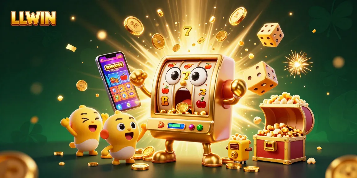 LLWIN reveals a lively jackpot celebration with cartoon slot machines cheering and gold coins spilling, showcasing the excitement of online gambling.