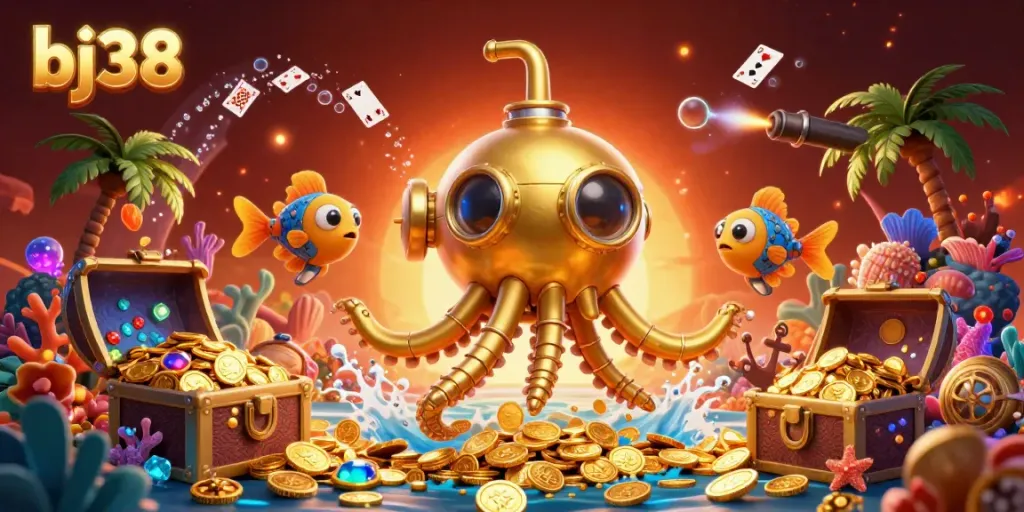 Engage with the vibrant casino scene featuring bj38 and a golden kraken submarine among treasures.