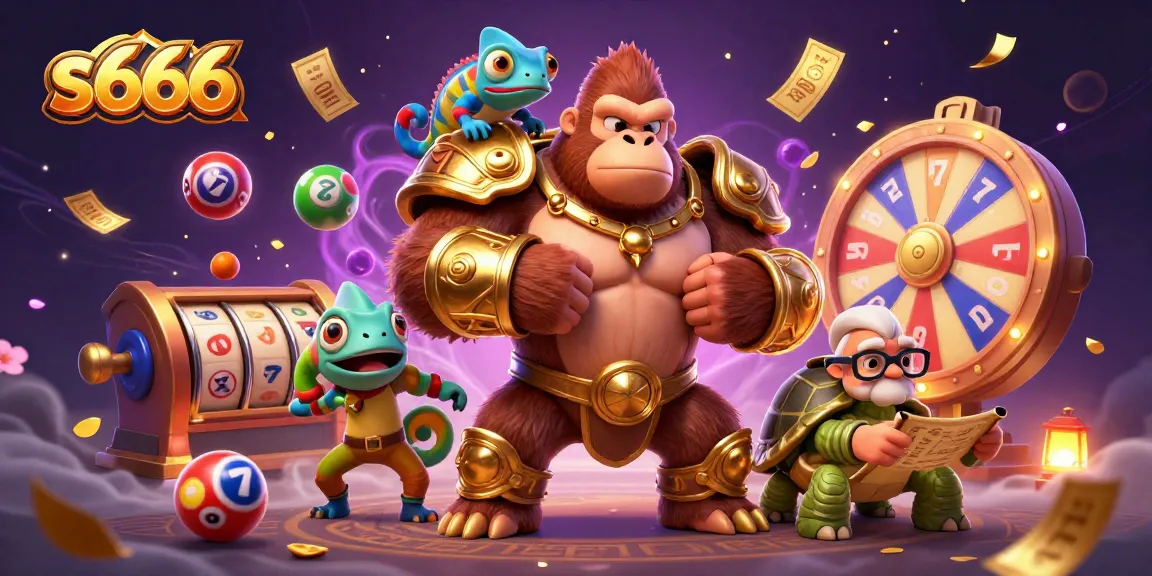 S666's vibrant 3D casino illustration featuring a king gorilla with a chameleon and a wise tortoise amidst colorful gaming elements.