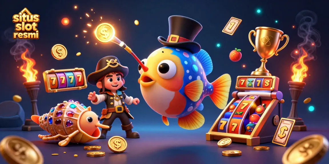 Engage with situs slot resmi as the deep-sea anglerfish attracts golden coins amidst vibrant casino elements.
