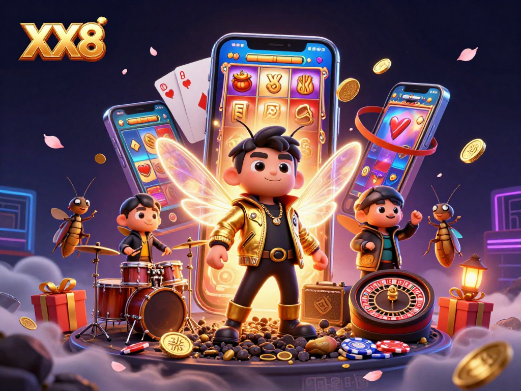 Experience the excitement of XX8 with this vivid casino illustration featuring dynamic game elements and vibrant characters.