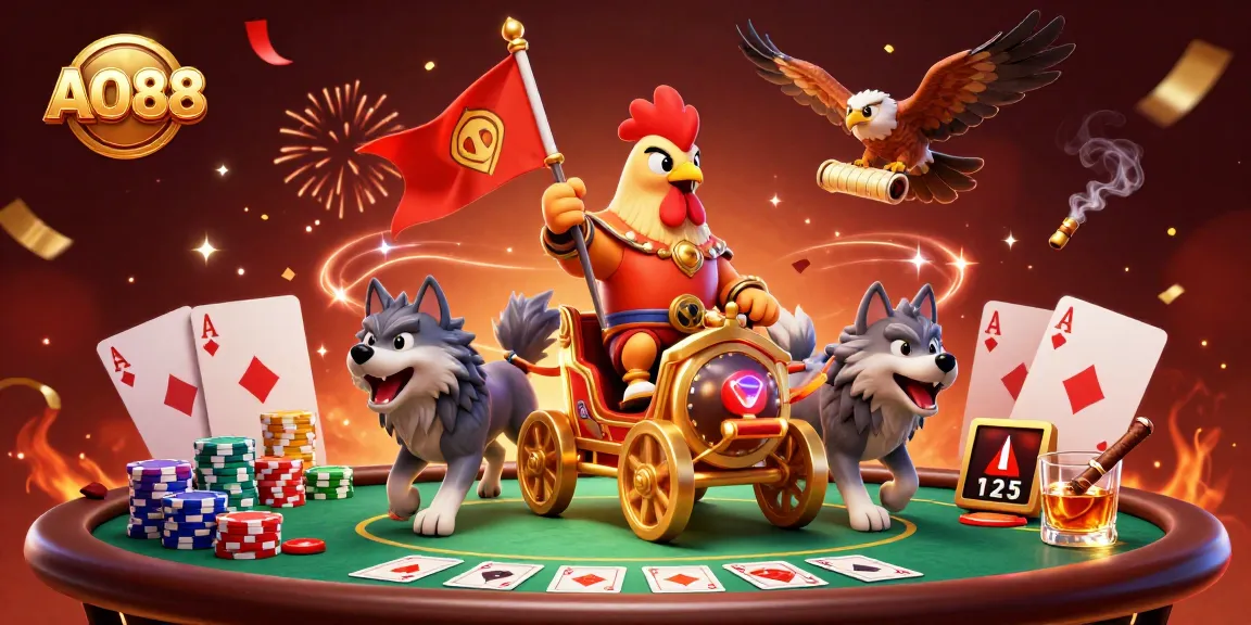 Join the excitement at AO88 with a dynamic poker scene featuring a 3D rooster warlord and poker elements.