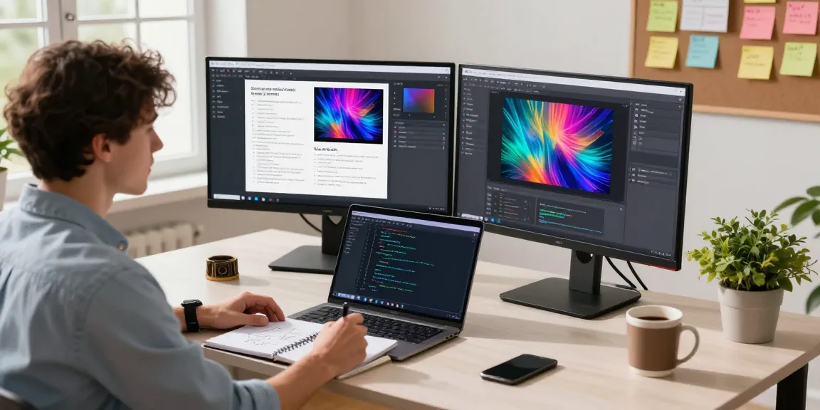 Developer working with an AI image generator software in a bright tech workspace, showcasing creativity and innovation.