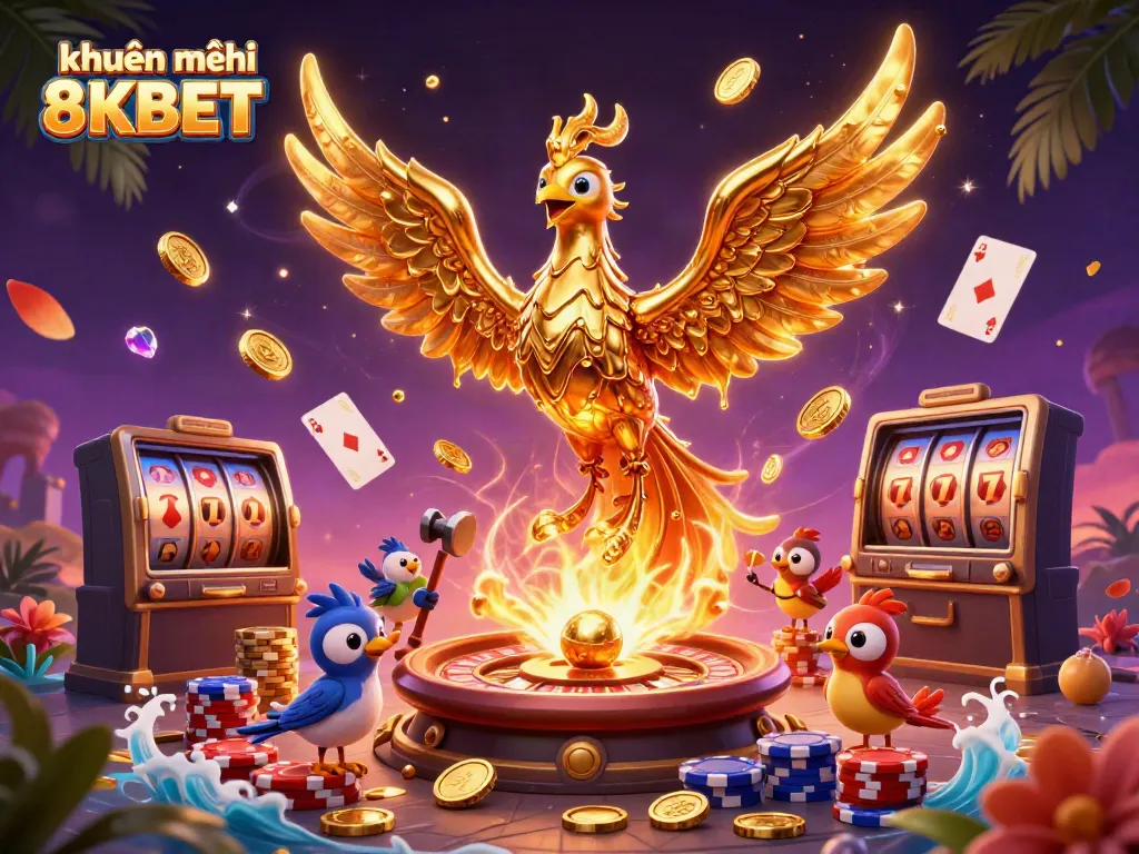 Experience khuyến mãi 8KBET with golden phoenix, coins, and dynamic casino elements.