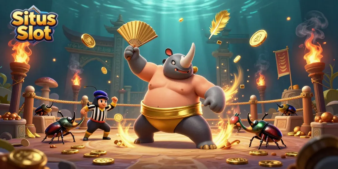 Situs Slot vibrant scene featuring a rhinoceros beetle champion amidst flowing coins and colorful game elements.