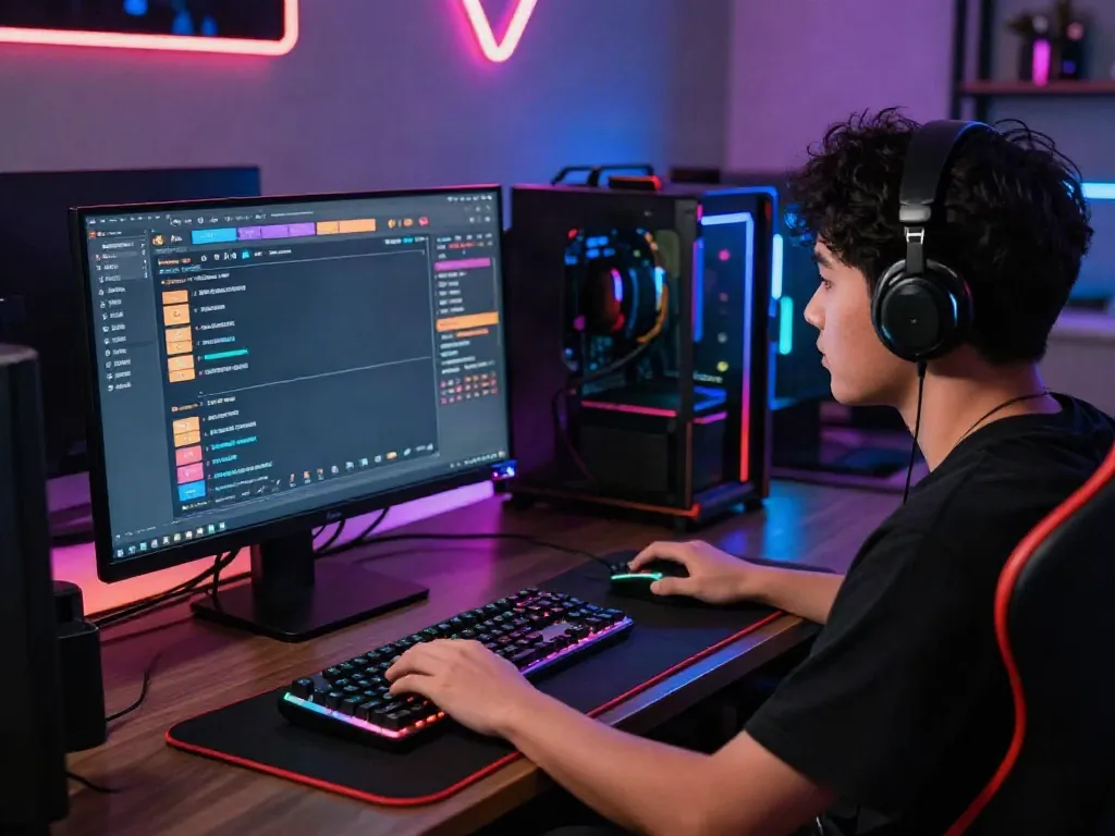 Engaged player at a gaming setup focusing on togel online interface with vibrant graphics.