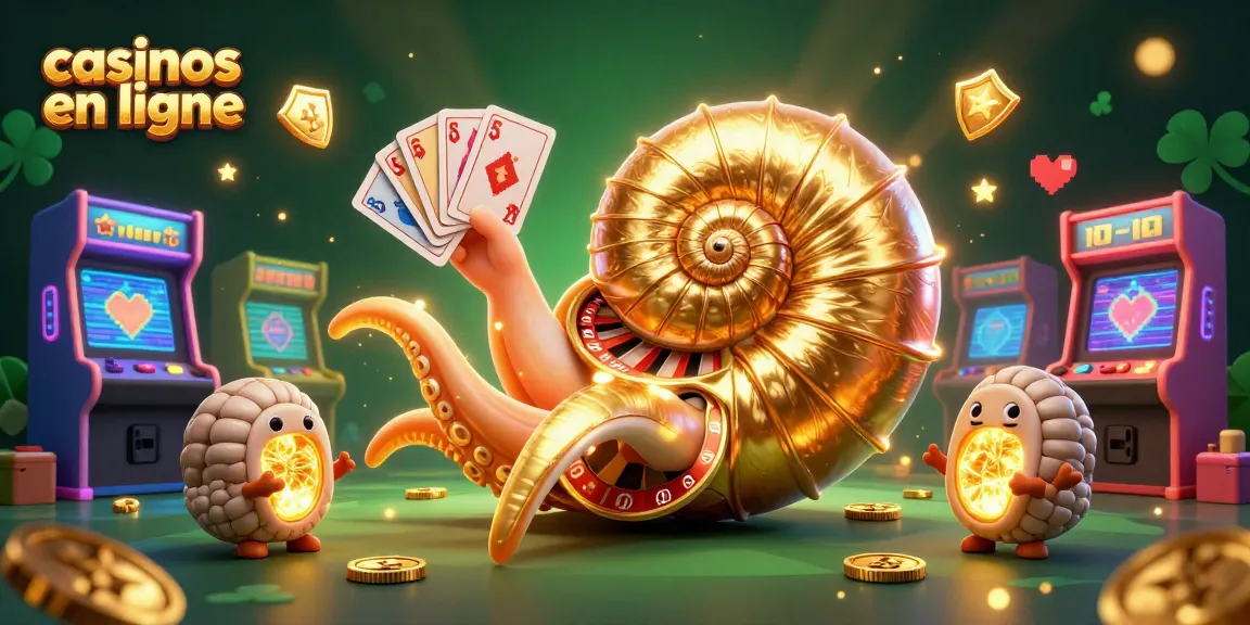 Illustration 3D montrant un nautile géant à roulette, symbolisant les casinos en ligne, entouré de machines colorées.