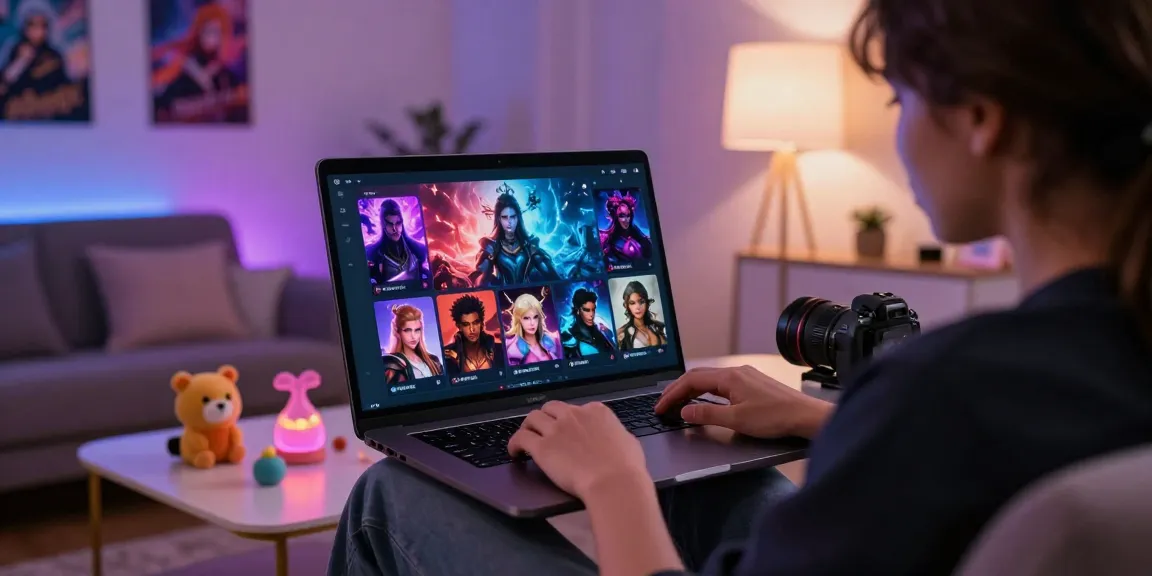 User engaged in ai chat nsfw with vibrant interface and diverse character options in a cozy modern space.