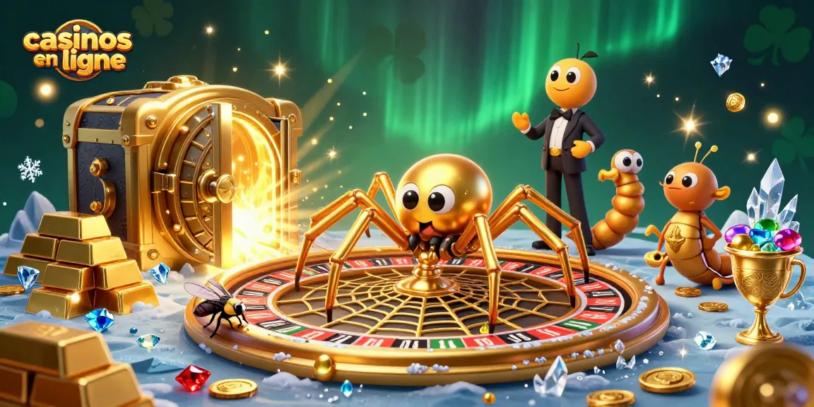 Les casinos en ligne s'animent avec une araignée dorée et un croupier mille-pattes dans un monde vibrant.