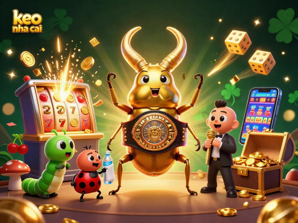 Bettors choose keo nha cai as a golden stag beetle battles on stage surrounded by vibrant casino elements.