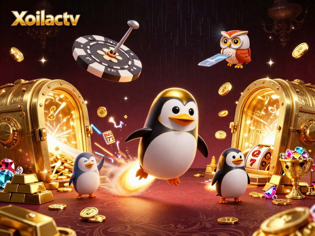 Xoilactv showcases a casino-themed adventure with a rocket-powered golden penguin and slot reels.