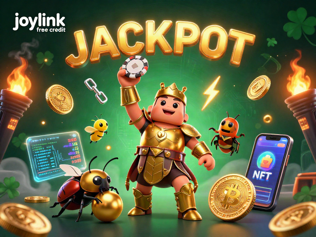 Win big with joylink free credit in a dynamic casino-themed scene featuring vibrant 3D characters.