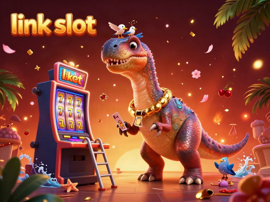 Experience dynamic gaming with link slot featuring a whimsical brontosaurus and clever raptor in an energetic casino scene.