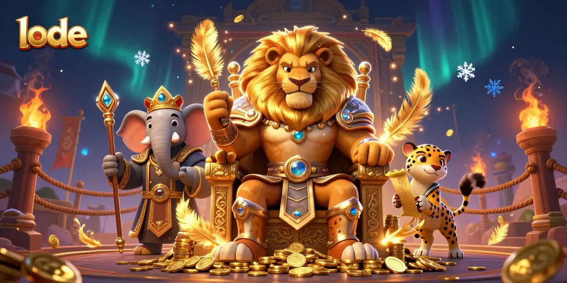 Engage with the lion king at lode's golden casino throne surrounded by dazzling prizes.