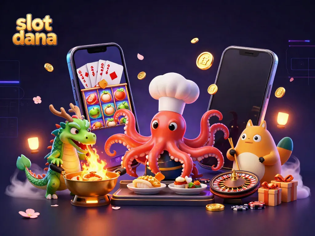 Slot dana mempersembahkan chef sushi octopus dan naga wasabi dalam suasana kasino yang meriah.