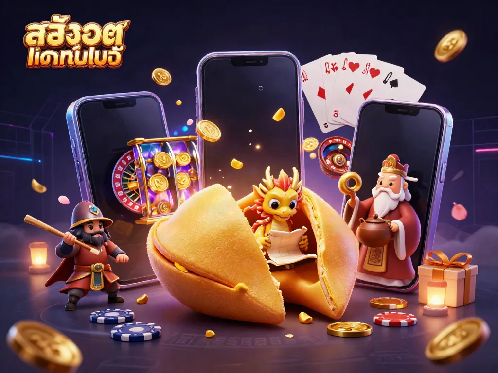 Engage with สล็อตออนไลน์ in lavish 3D illustration featuring a fortune cookie and mystical dragon.