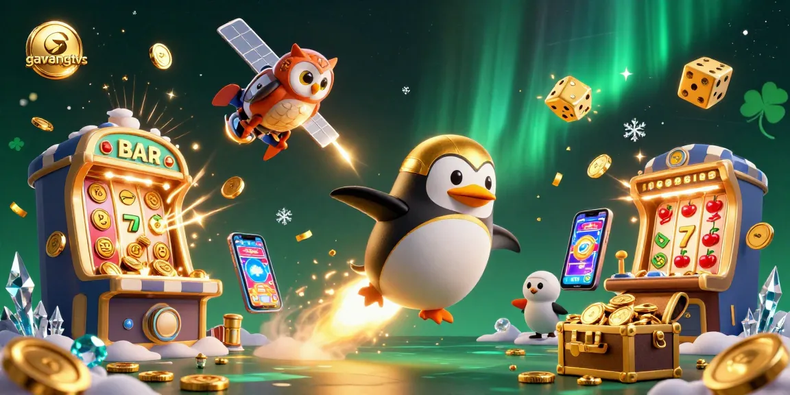 Experience the excitement of gavangtvs with a dynamic scene featuring a golden penguin on a thrilling casino adventure.