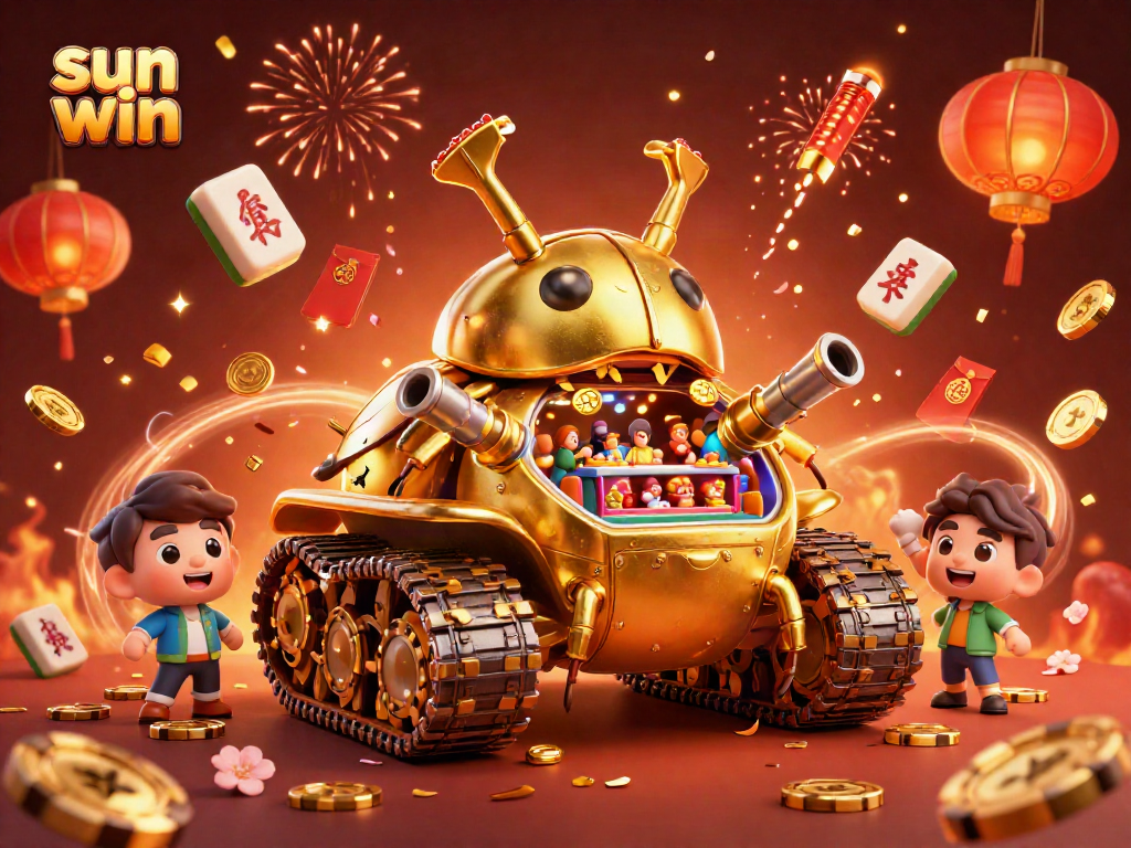 Experience sun win fun with a golden beetle tank and hidden casino elements in an extravagant scene.