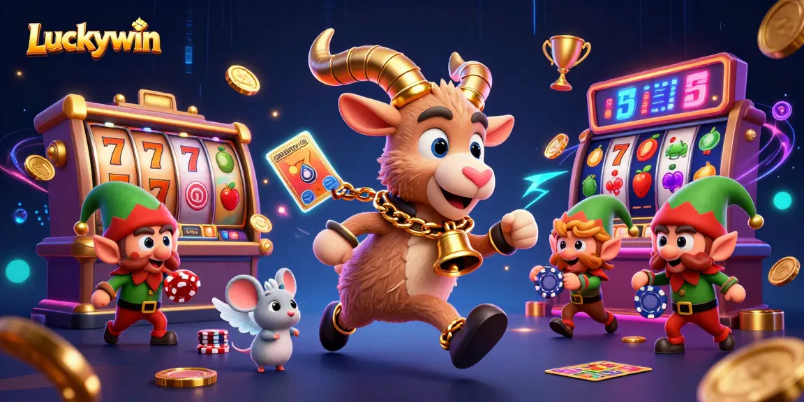 Experience the thrill at Luckywin with festive characters in a vibrant casino scene filled with action.