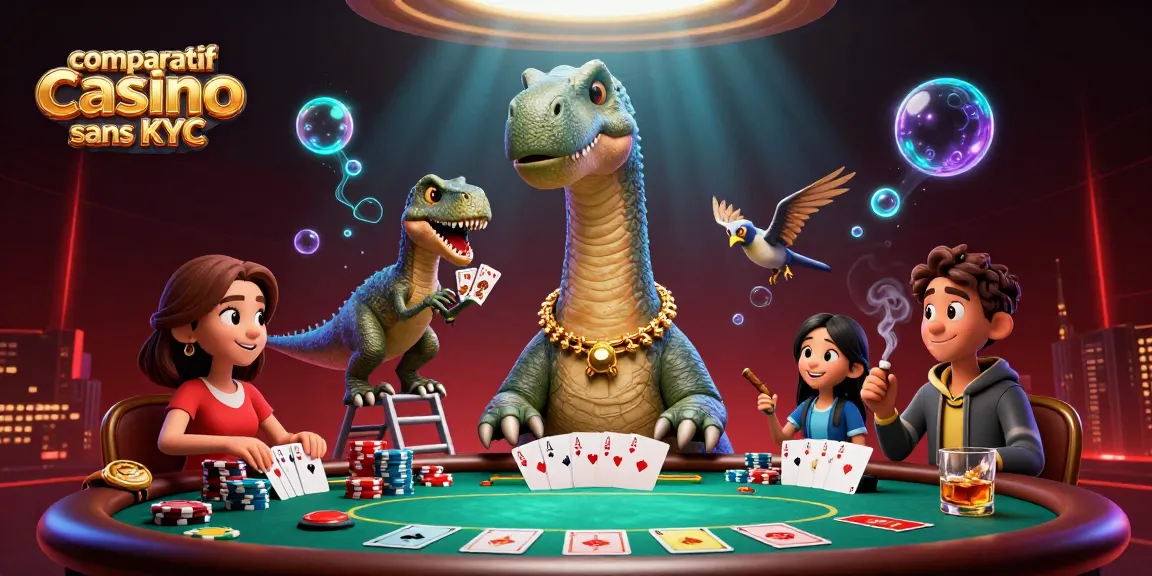 Comparatif casino sans KYC : un brontosaurus gigantesque surplombant une table de poker animée avec un raptor en action.