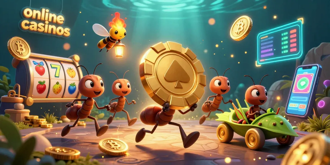 Exciting online casinos scene with ants heisting golden poker chip and crypto elements.