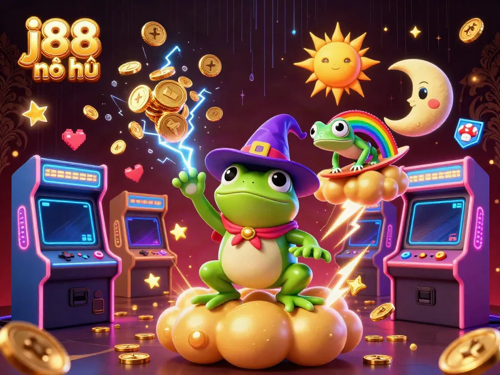 Immerse in a dynamic j88 nổ hũ scene featuring a weather wizard frog and a rainbow chameleon amidst golden coins.
