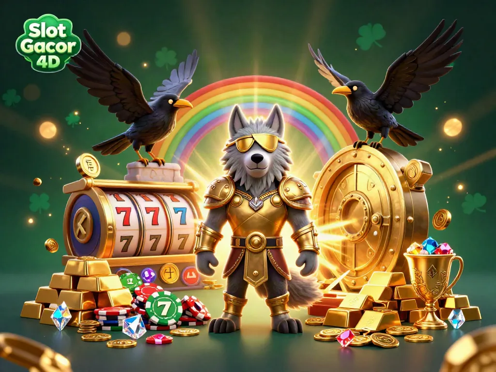 Visualisasi dinamis Slot Gacor 4D dengan karakter dewa, slot reel, dan harta berkilauan.