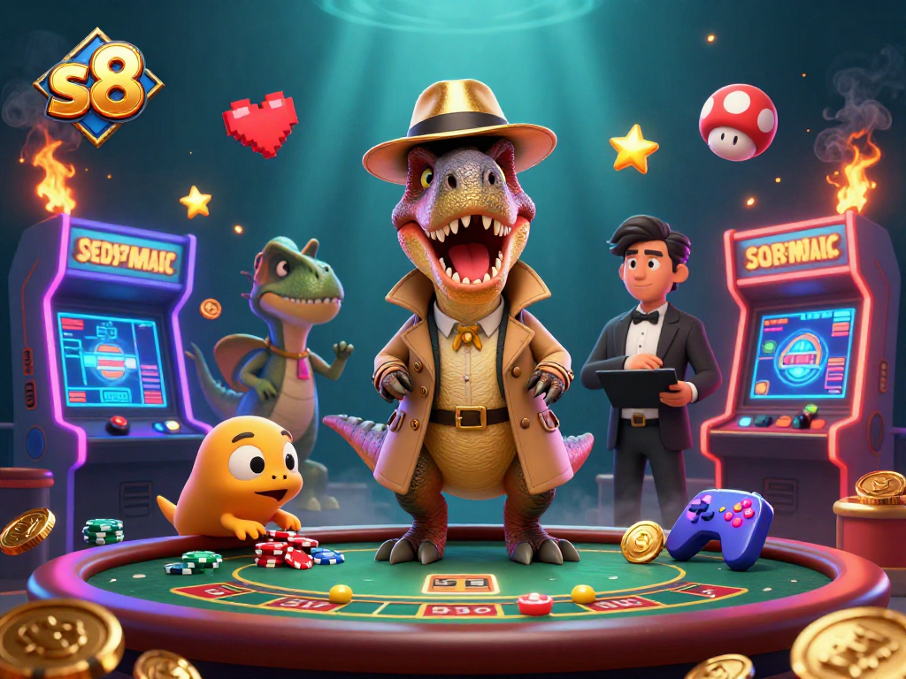 Bet at the S8 casino with a velociraptor card counter under the watchful eye of a stegosaurus.