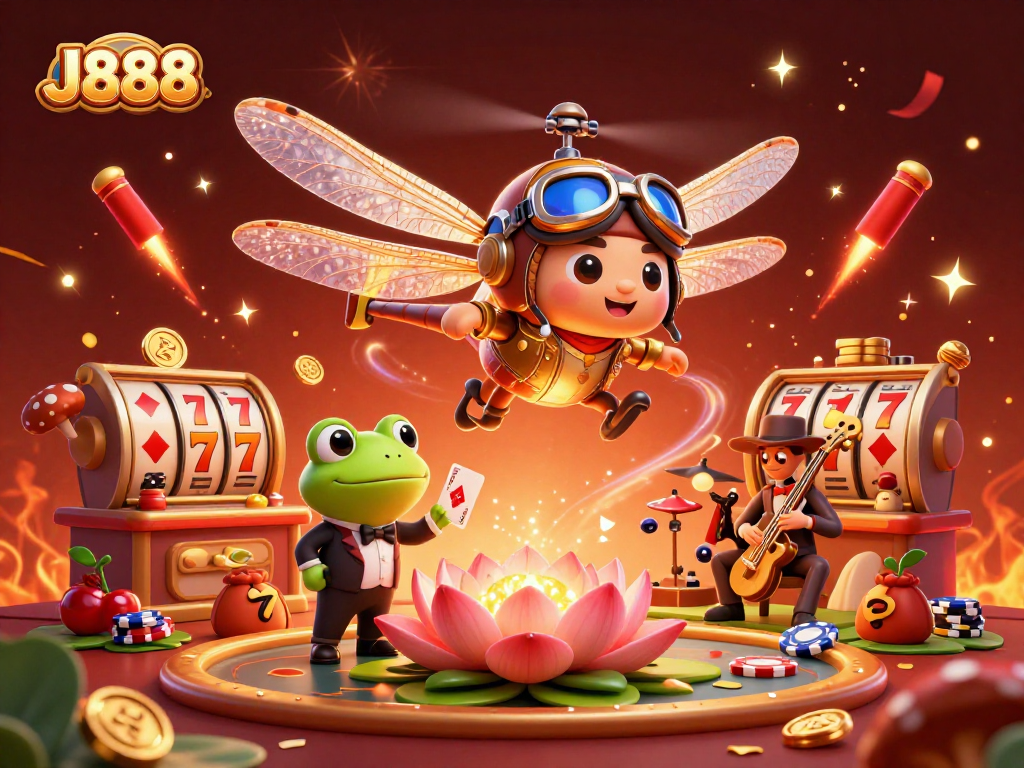 Experience the vibrant world of J888 with thrilling gaming elements in a lively casino scene.