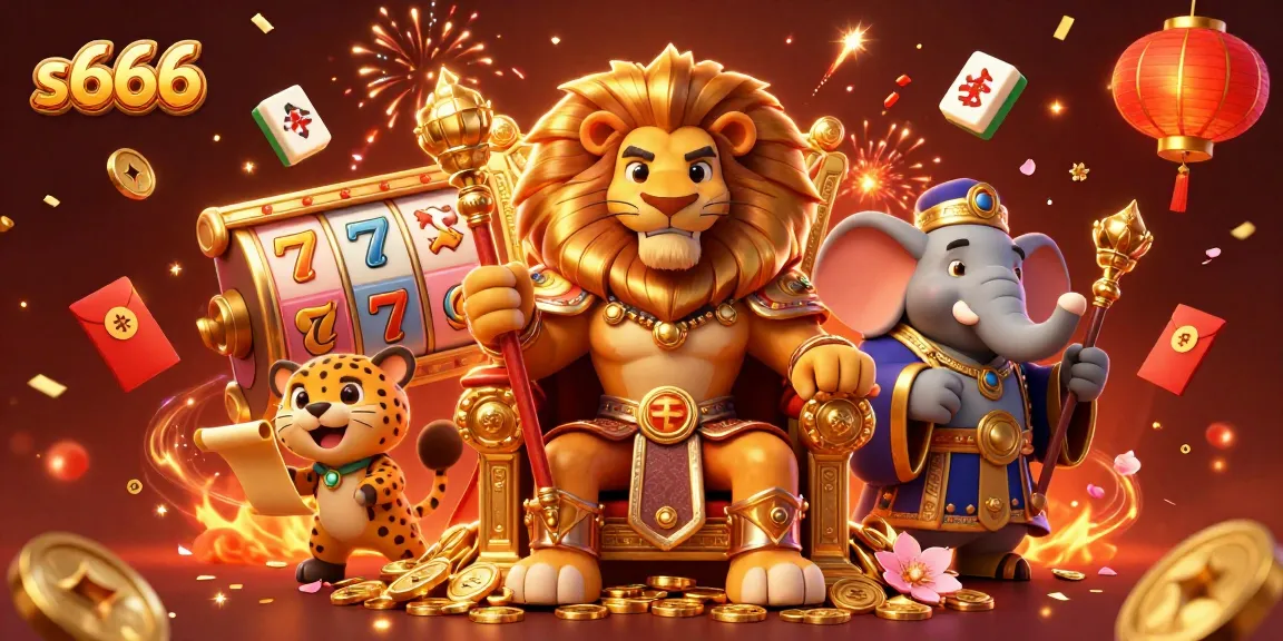 Experience thrilling gameplay at s666 with a vibrant 3D casino scene showcasing a fierce lion king and dynamic golden elements.