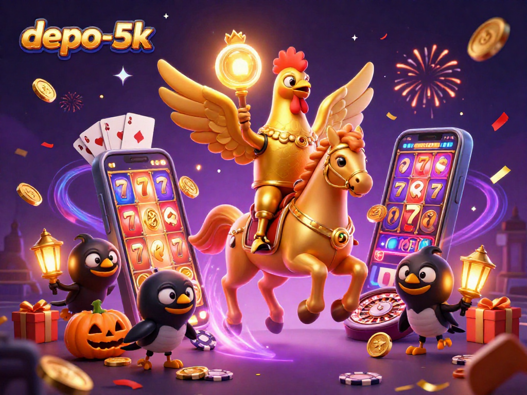 Experience the thrills of depo-5k with a vibrant slot game scene featuring a golden rooster and festive elements.